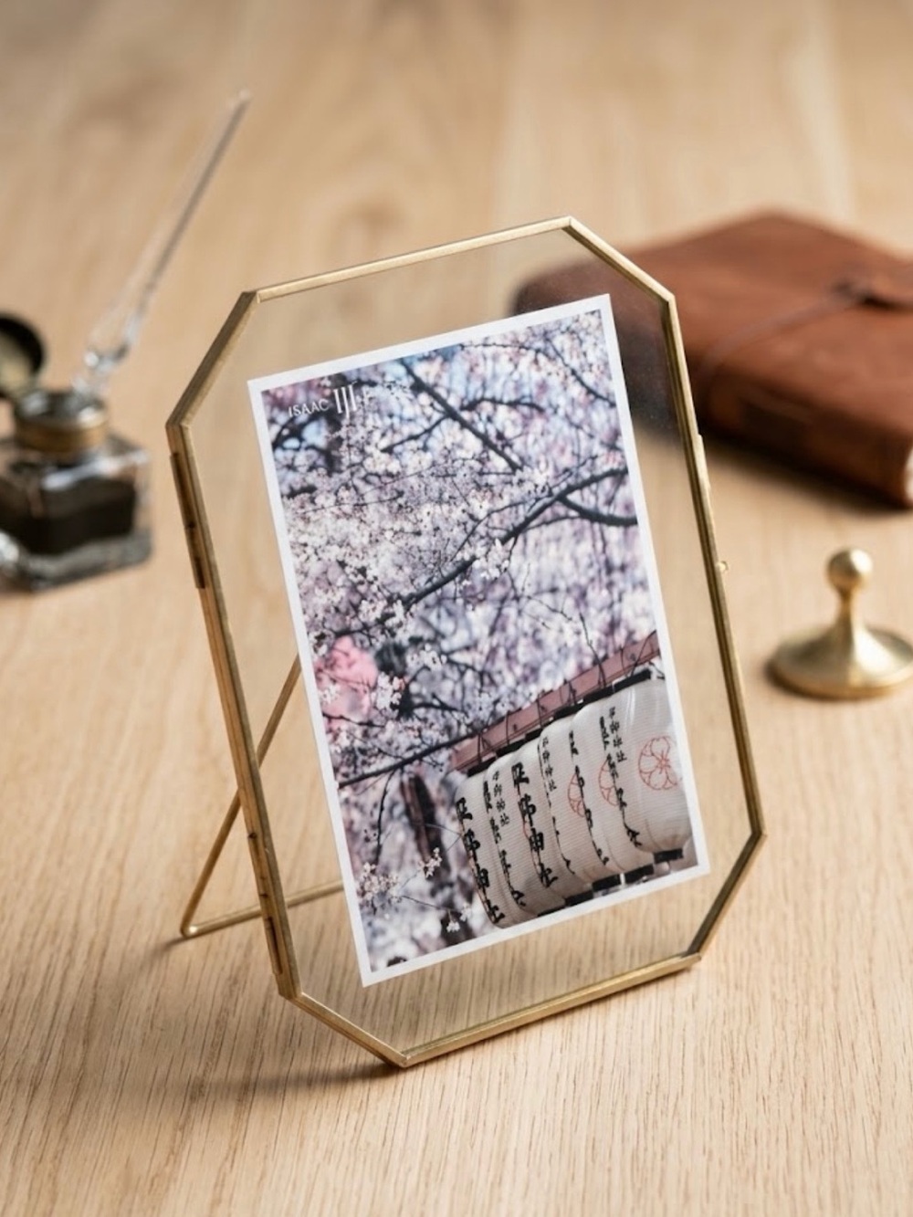 NWT Isaac Jacobs Brass Octagon Floating Glass Picture Frame 4x6